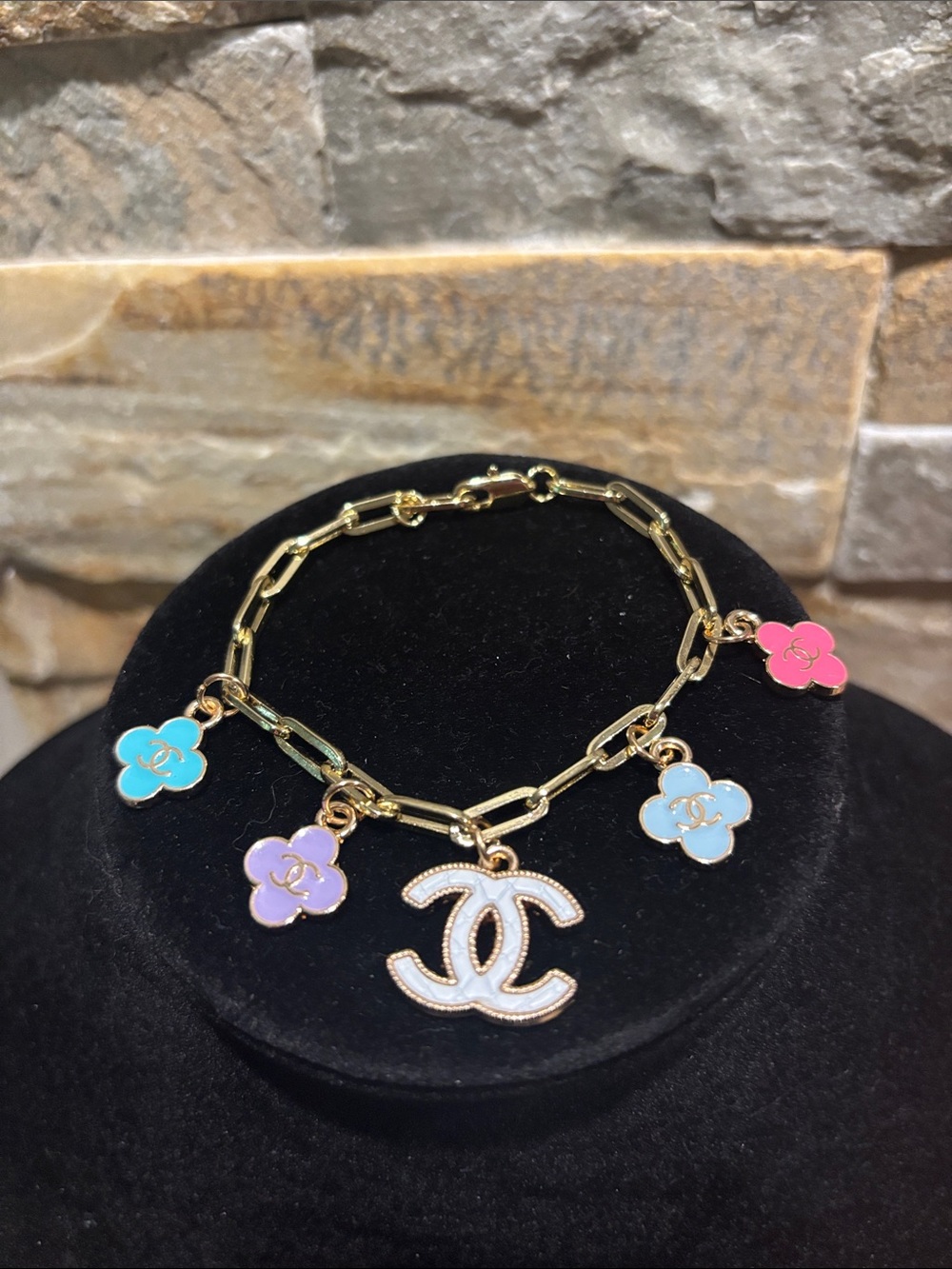 Gold Chain Bracelet with Multicolor Enamel CC Flower Charms